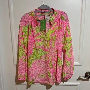 Lilly Pulitzer Vibrant Pink & Lime Button-Front Printed Blouse